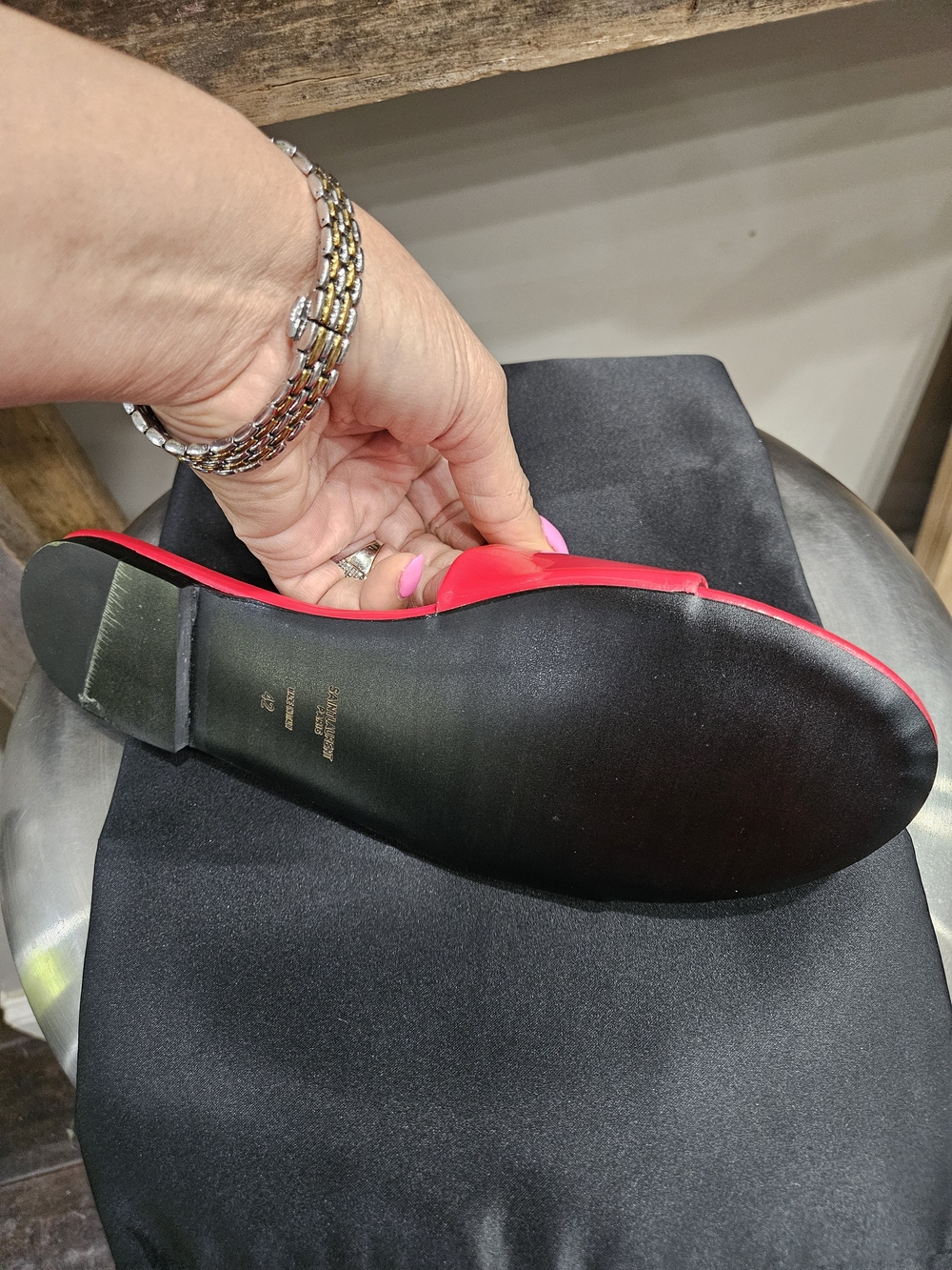 Women’s Patent Red Slide Sandals with Gold Accent - Picture 2 of 7